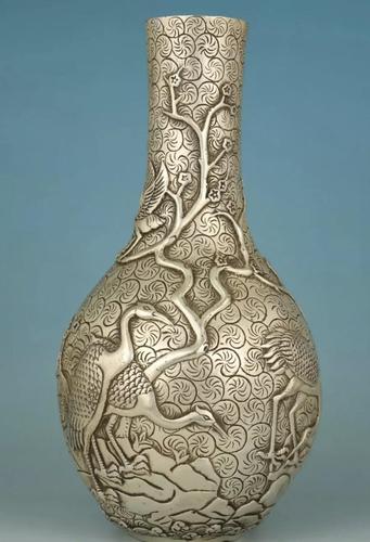 Noble Chinese Copper Silver Plate Handmade Carved Crane Statue Vase (1 of 9) Noble Chinese Copper Silver Plate Handmade Carved Crane Statue Vase (1 of 9)