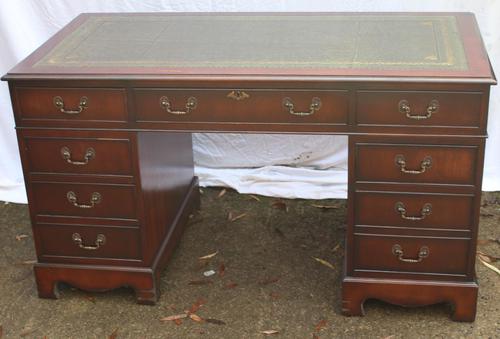 1960's Large Mahogany Pedestal Desk with Green Leather Inset + Key (1 of 4)