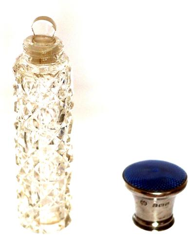 Cut Glass Scent Bottle with Silver and Blue Guilloche Enamel Top (1 of 5) Cut Glass Scent Bottle with Silver and Blue Guilloche Enamel Top (1 of 5)