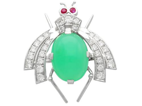 8.09ct Chrysophrase and 1.26ct Diamond & Ruby, 14ct White Gold Insect Brooch - Vintage European c.1950 (1 of 9) 8.09ct Chrysophrase and 1.26ct Diamond & Ruby, 14ct White Gold Insect Brooch - Vintage European c.1950 (1 of 9)