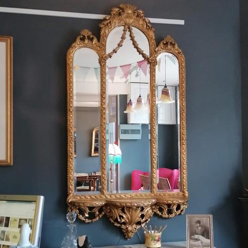 Antique Regency style triple fronted Giltwood Mirror with shelf (1 of 9)