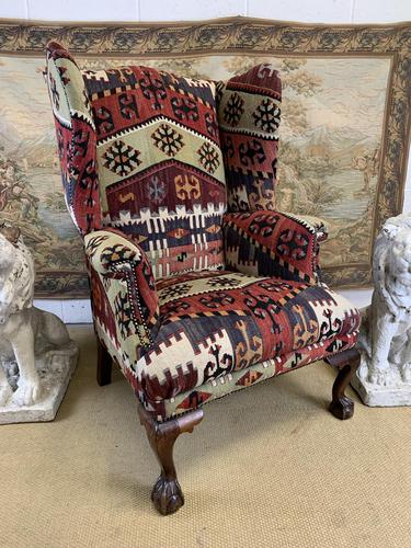 Kilim Covered Wingback Armchair on Ball & Claw Feet (1 of 9)