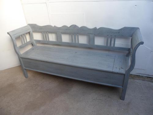 Grey & Blue 3 Seater Antique Pine Kitchen / Hall Box Settle / Bench (1 of 10)