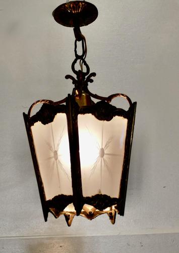French Brass & Etched Glass Lantern Hall Light (1 of 6) French Brass & Etched Glass Lantern Hall Light (1 of 6)