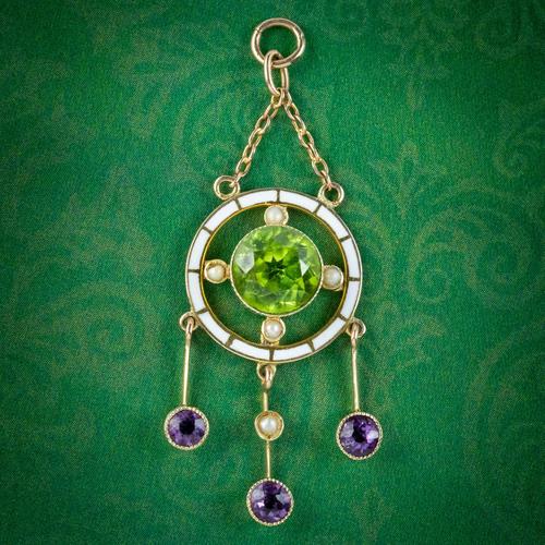 Antique Edwardian Suffragette Pendant 9ct Gold Amethyst Peridot Pearl c.1910 (1 of 6) Antique Edwardian Suffragette Pendant 9ct Gold Amethyst Peridot Pearl c.1910 (1 of 6)
