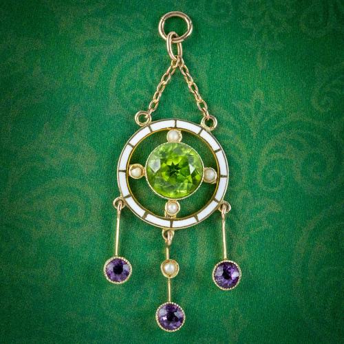 Antique Edwardian Suffragette Pendant 9ct Gold Amethyst Peridot Pearl c.1910 (1 of 6)