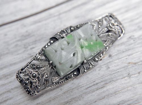 Art Deco Silver and Jadeite Brooch with Marcasites, 1930s (1 of 7) Art Deco Silver and Jadeite Brooch with Marcasites, 1930s (1 of 7)