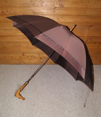 Antique English Made Brown Silk Canopy Umbrella & Hand Carved Horse Head Handle (1 of 14)