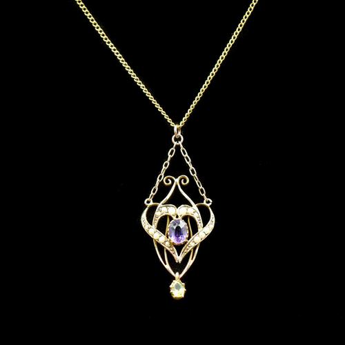 Antique Amethyst Peridot and Pearl Lavalier 9ct 9K Gold Pendant and Chain Necklace (1 of 10)