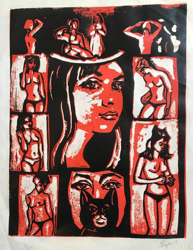 Original screen print 'Sixty's Girls and a Cat' by Toby Horne Shepherd 1909-1993. Signed. c.1965. (1 of 1) Original screen print 'Sixty's Girls and a Cat' by Toby Horne Shepherd 1909-1993. Signed. c.1965. (1 of 1)