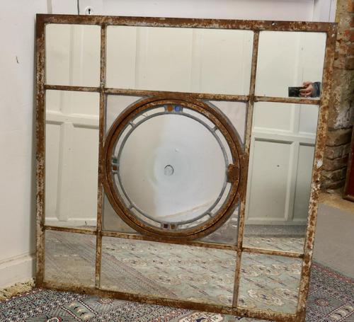 Large 19th Century Industrial Window Mirror with Central Leaded Bottle Glass Opening (1 of 8)