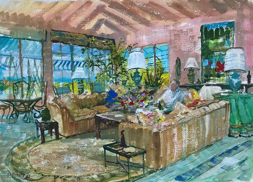 Original gouache painting 'Conversation in an interior' by Barbara Lady Brassey 1911-2010.Signed and dated 85 (1 of 1) Original gouache painting 'Conversation in an interior' by Barbara Lady Brassey 1911-2010.Signed and dated 85 (1 of 1)