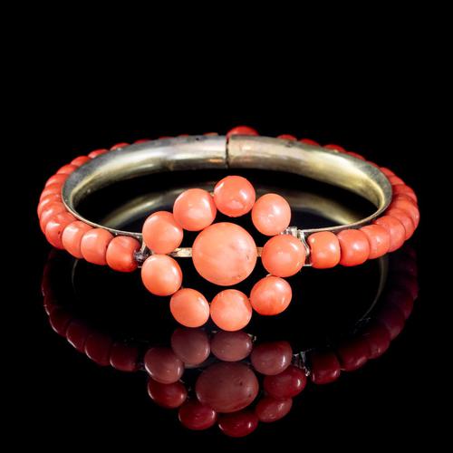 Antique Victorian Coral Flower Bangle Gold Gilt Circa 1880 (1 of 4)