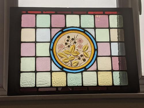 Outstanding Victorian Stained Glass Panel with Beautiful Central Hand Painted Element of Blackberry Plant (1 of 8)