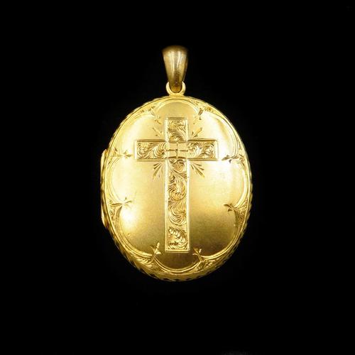 Antique Cross Double Sided Engraved Oval Rolled Gold Photo Locket Pendant (1 of 9) Antique Cross Double Sided Engraved Oval Rolled Gold Photo Locket Pendant (1 of 9)
