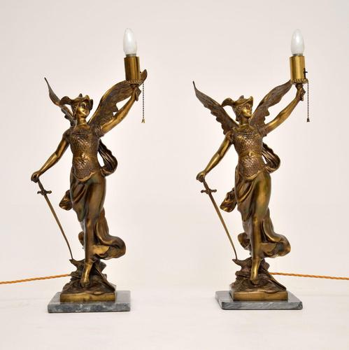 Pair of Large Antique Brass & Marble Table Lamps Depicting Greek Goddess Athena (1 of 11) Pair of Large Antique Brass & Marble Table Lamps Depicting Greek Goddess Athena (1 of 11)