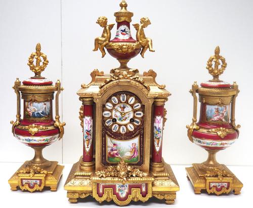 Incredible French Sevres Mantel Clock French Striking 8-day Garniture Clock Set (1 of 19)