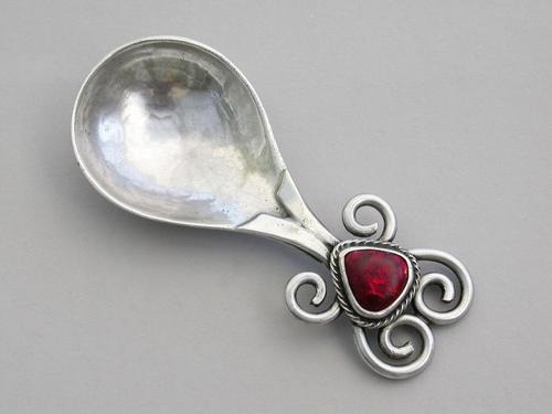Arts & Crafts Cast Silver Caddy Spoon Red Enamel Cabochon by Omar Ramsden, London 1925 (1 of 11) Arts & Crafts Cast Silver Caddy Spoon Red Enamel Cabochon by Omar Ramsden, London 1925 (1 of 11)