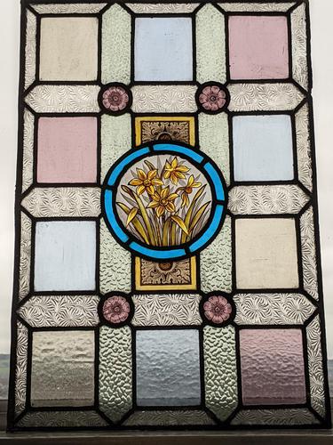 Exceptional  Victorian  Stained Glass Panel Featuring Hand Painted Daffodils (1 of 6)