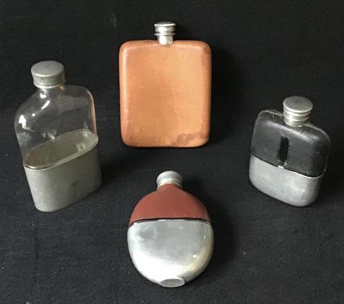4 Antique & Vintage Pewter Leather Bound & Glass Hip Flasks (1 of 1) 4 Antique & Vintage Pewter Leather Bound & Glass Hip Flasks (1 of 1)