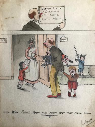 Original watercolour 'Why father took the text off the wall'. Signed J Scott. c.1920. On the reverse is a pen drawing. (1 of 2) Original watercolour 'Why father took the text off the wall'. Signed J Scott. c.1920. On the reverse is a pen drawing. (1 of 2)
