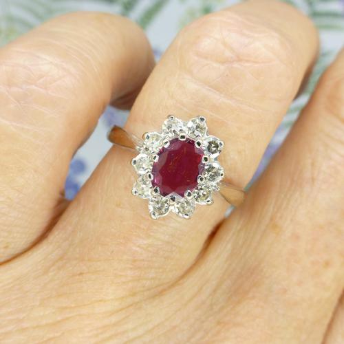 Vintage 18ct White Gold Ruby & Diamond Halo Cluster Engagement Ring (1 of 10) Vintage 18ct White Gold Ruby & Diamond Halo Cluster Engagement Ring (1 of 10)