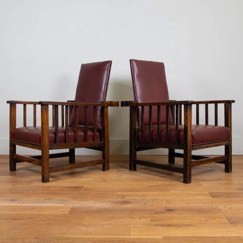 Pair of Good Arts & Crafts Oak and Leather Chairs - Price is for Pair (1 of 15)