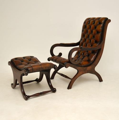 Antique Regency Style Leather Armchair & Stool (1 of 14) Antique Regency Style Leather Armchair & Stool (1 of 14)