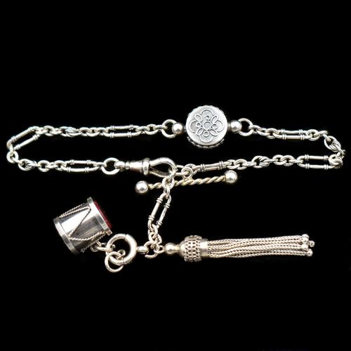 Antique Victorian Sterling Silver Albertina Albert Watch Chain Bracelet with Tassel and Drum Charm (1 of 14) Antique Victorian Sterling Silver Albertina Albert Watch Chain Bracelet with Tassel and Drum Charm (1 of 14)