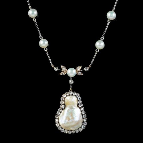 Art Deco Baroque Pearl Diamond Lavaliere Necklace 18ct Gold 2ct of Diamond c.1920 (1 of 9)