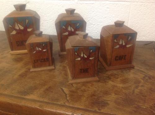 Rare Set of French Art Deco Solid Oak Graduated Kitchen Storage Jars for Coffee, Flour, Salt, 9 in French of Course (1 of 6)