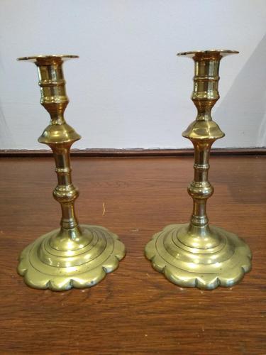 Pair of Georgian Brass Petal Based Candlesticks (1 of 3)