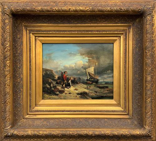 Beautiful Original Coastal Oil on Panel Painting with Fishing Boats & 2 Children (1 of 10)