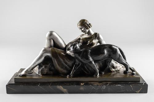 Stunning French Art Deco Bronze & Silvered Sculpture. Signed A.Ouline - Lady & Panther (1 of 11)