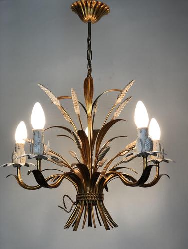 Vintage French 5 Arm Gilt Wheatsheaf Toleware Chandelier (1 of 9)