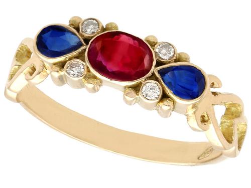 0.50ct Ruby, 0.32ct Sapphire & Diamond, 18ct Yellow Gold Dress Ring - Vintage c.1940 (1 of 9) 0.50ct Ruby, 0.32ct Sapphire & Diamond, 18ct Yellow Gold Dress Ring - Vintage c.1940 (1 of 9)