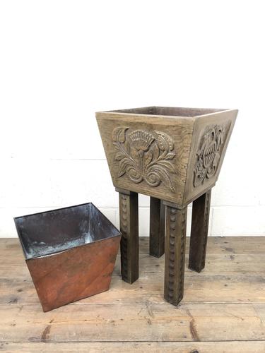 Carved Oak Plant Stand with Metal Liner (1 of 7)