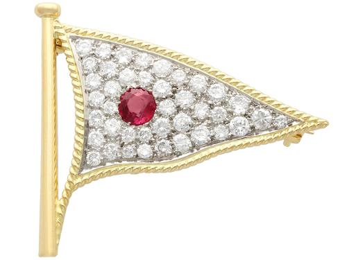1.65ct Diamond & 0.48ct Ruby, 18ct Yellow Gold Flag Brooch - Vintage c.1945 (1 of 9) 1.65ct Diamond & 0.48ct Ruby, 18ct Yellow Gold Flag Brooch - Vintage c.1945 (1 of 9)