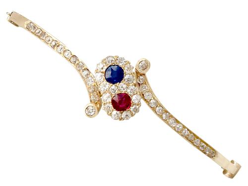 0.45ct Ruby & Sapphire, 1.50ct Diamond, 14ct Yellow Gold Bangle - Antique c.1890 (1 of 12) 0.45ct Ruby & Sapphire, 1.50ct Diamond, 14ct Yellow Gold Bangle - Antique c.1890 (1 of 12)