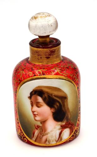 Exceptional Bohemian Glass Scent Bottle with Peasant Girl Head c.1865 (1 of 5)