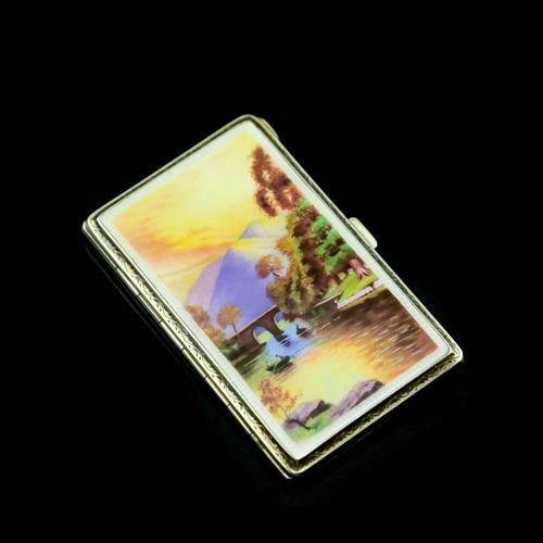 English Solid Silver Enamel Cigarette Case with Landscape Scene - A.J.P London 1927 (1 of 14)