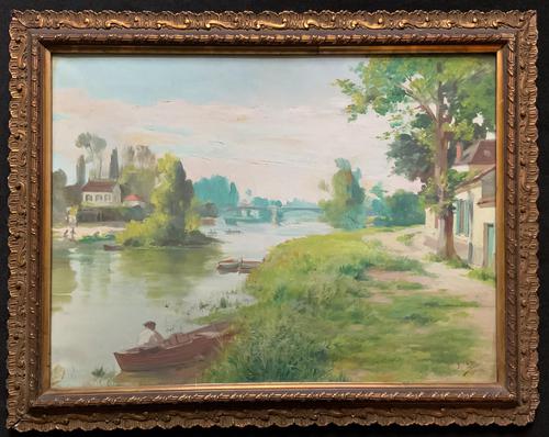 Original 1902 Antique French Riverscape Landscape Oil on Canvas Painting (1 of 13) Original 1902 Antique French Riverscape Landscape Oil on Canvas Painting (1 of 13)