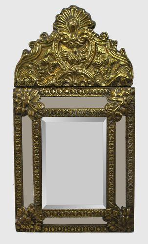 Small 19th Century French Repoussé Brass Cushion Mirror (1 of 7) Small 19th Century French Repoussé Brass Cushion Mirror (1 of 7)