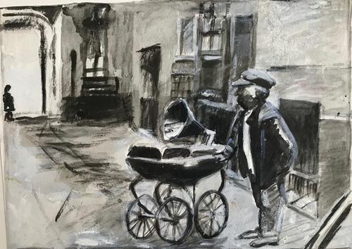 Original gouache painting 'Man, pram and gramophone' Unknown artist 1950's / 1960's (1 of 2) Original gouache painting 'Man, pram and gramophone' Unknown artist 1950's / 1960's (1 of 2)