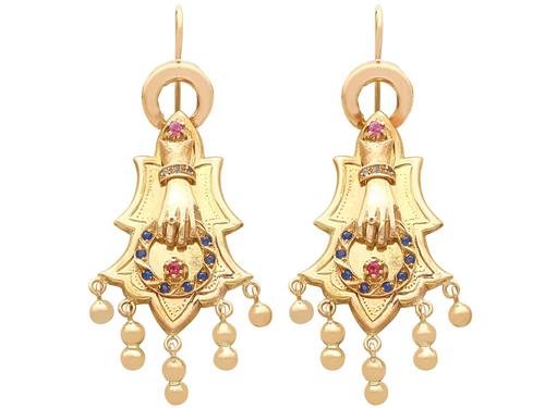 0.35ct Sapphire & 0.27ct Ruby, 14ct Yellow Gold Earrings - Antique 1880s (1 of 9) 0.35ct Sapphire & 0.27ct Ruby, 14ct Yellow Gold Earrings - Antique 1880s (1 of 9)