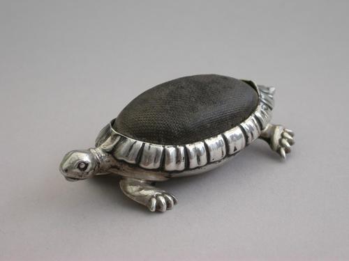 Edwardian Novelty Antique Silver Tortoise Pin Cushion by Saunders & Shepherd, Birmingham, 1906 (1 of 8)