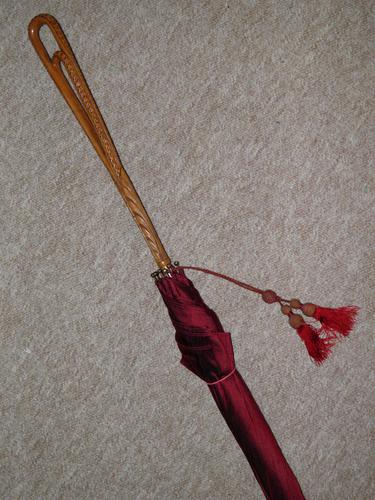 Vintage Hand Carved Handled Umbrella With Burgundy Canopy & Tassel (1 of 13) Vintage Hand Carved Handled Umbrella With Burgundy Canopy & Tassel (1 of 13)