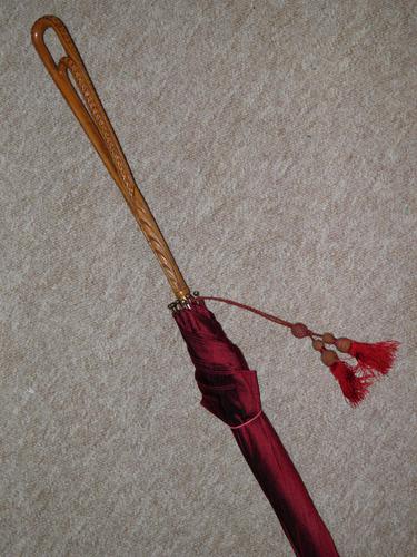 Vintage Hand Carved Handled Umbrella With Burgundy Canopy & Tassel (1 of 13)