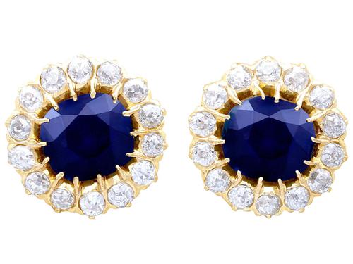 7.05ct Sapphire & 2.31ct Diamond, 18ct Yellow Gold Cluster Earrings c.1930 (1 of 9) 7.05ct Sapphire & 2.31ct Diamond, 18ct Yellow Gold Cluster Earrings c.1930 (1 of 9)