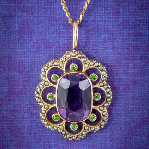 Antique Edwardian Suffragette Pendant Necklace Amethyst Peridot Pearl 9ct Gold c.1910 (1 of 8) Antique Edwardian Suffragette Pendant Necklace Amethyst Peridot Pearl 9ct Gold c.1910 (1 of 8)